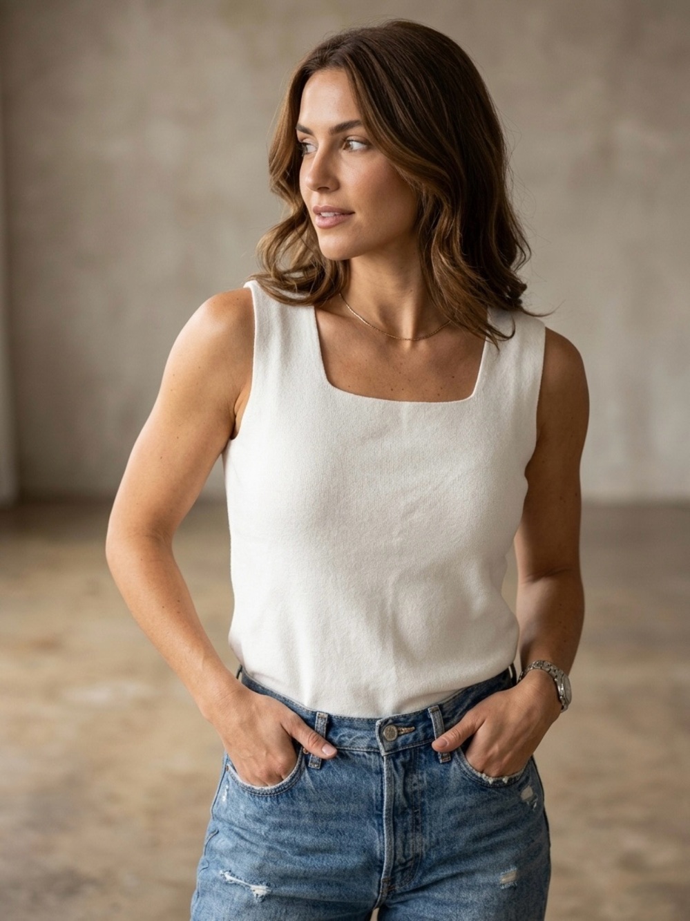 VTG 100% Cotton White Square-Neck Tank